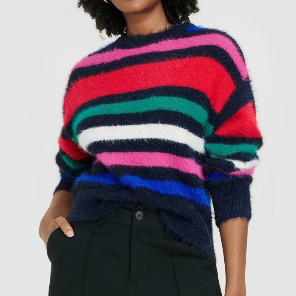 Women's A New Day Sweater Crewneck Fuzzy Pullover Striped Multicolor XXL NWT